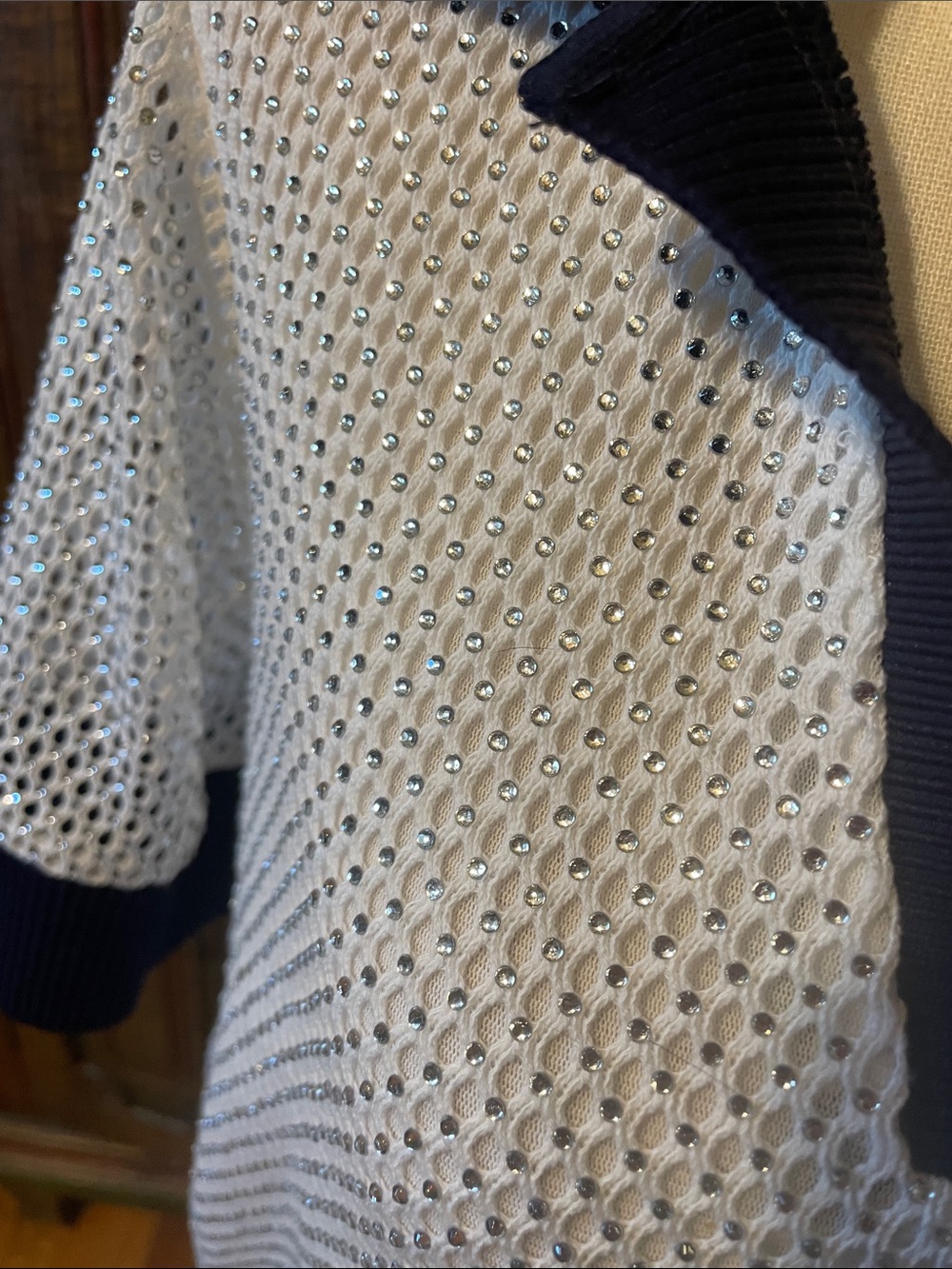 Navy sequined blue Trim White Knit Polo Top
